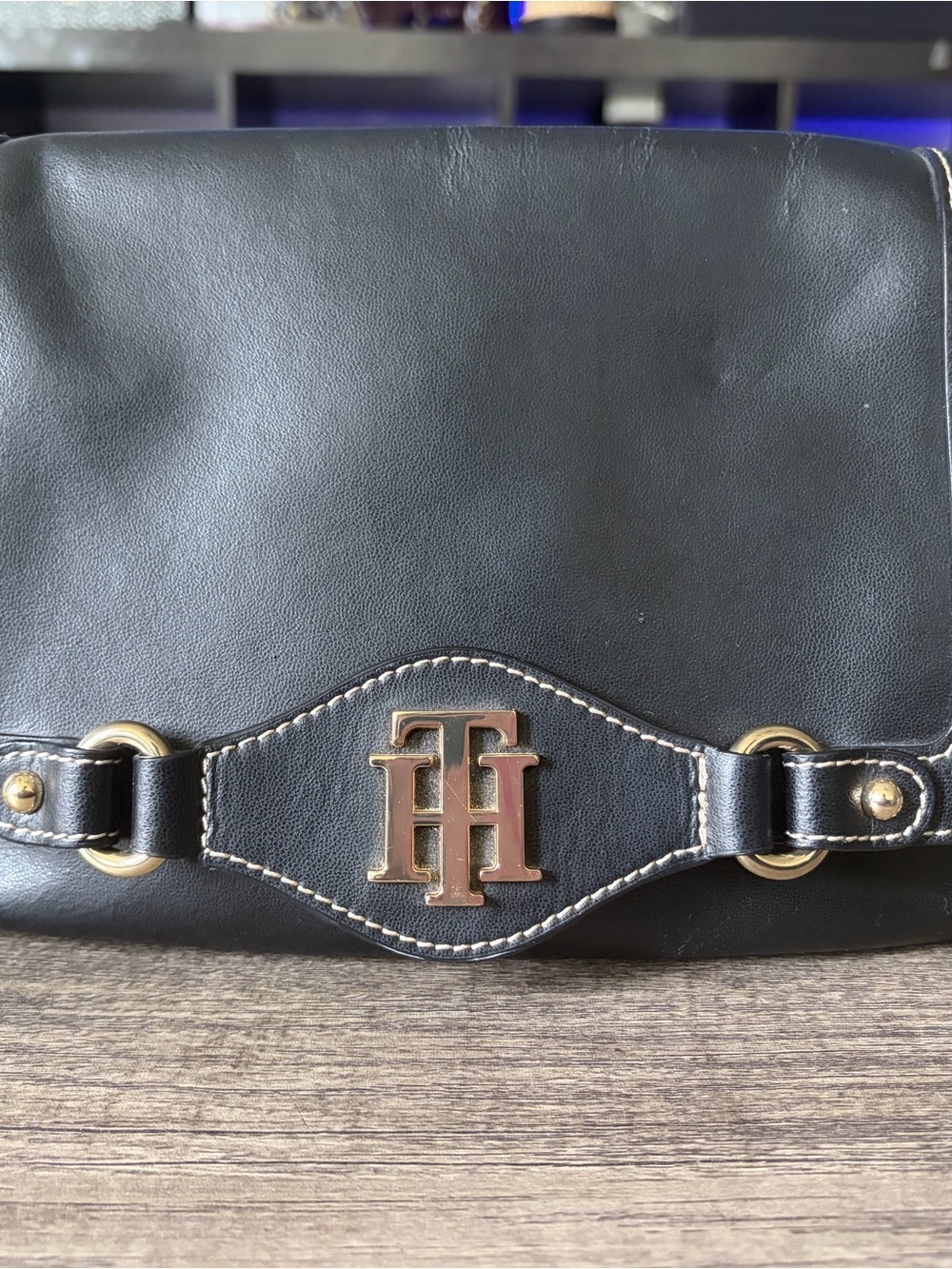 Tommy Hilfiger Black Leather Messenger Bag with Gold-Tone Logo
